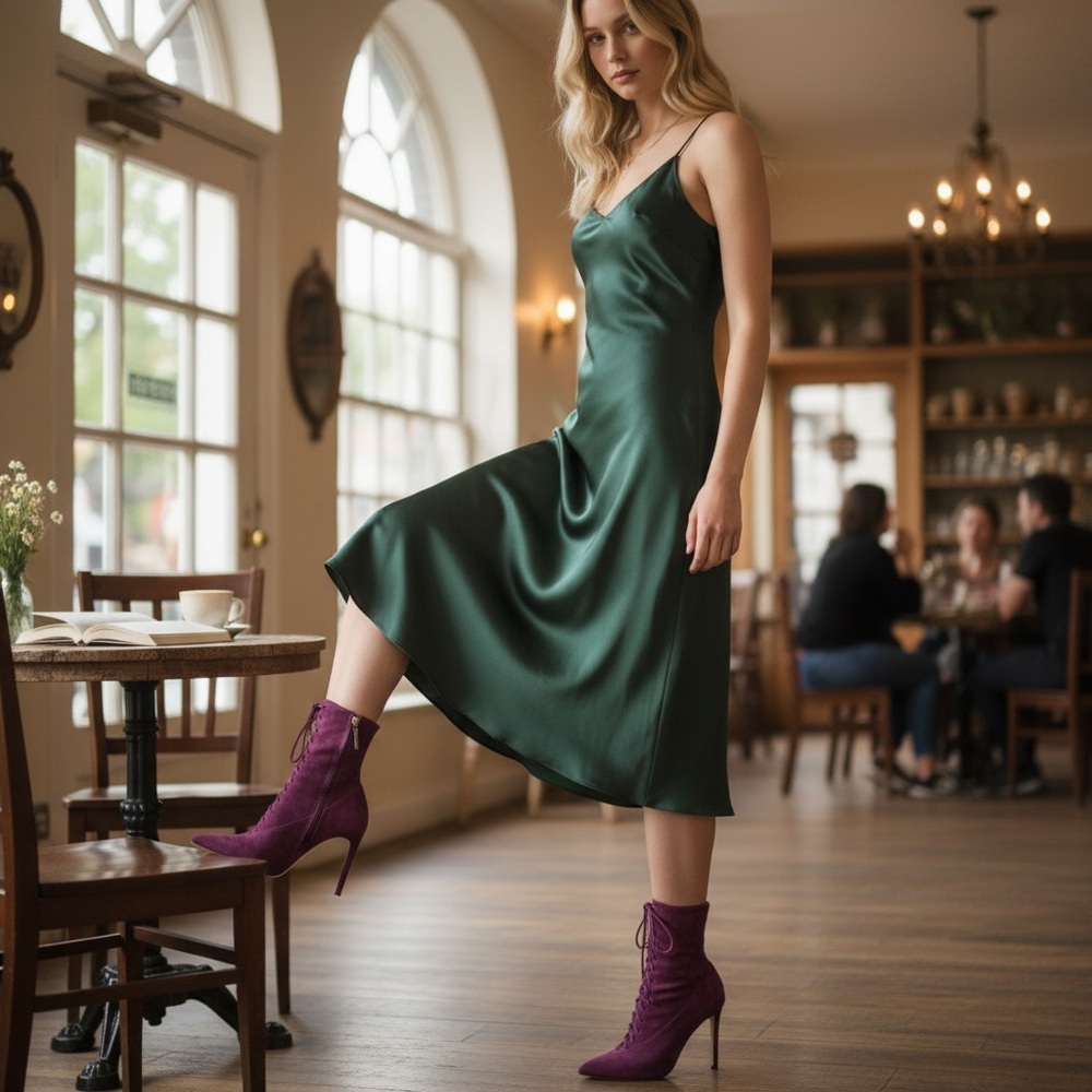 $349 Vero Cuoio Plum/Burgundy Genuine Leather/Suede LaceUp Stiletto Ankle Bootie